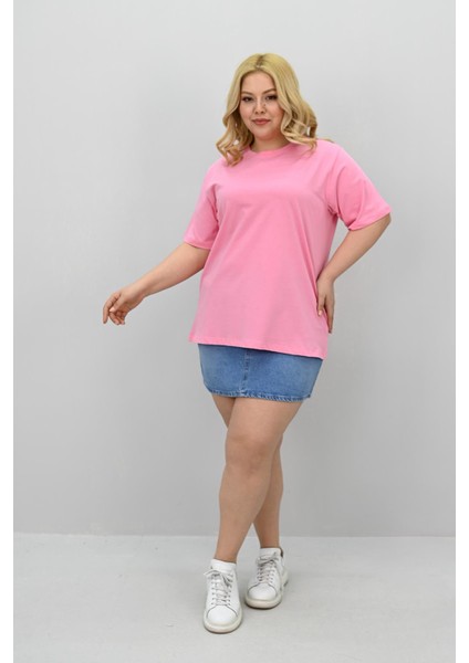 Kadın Büyük Beden Kısa Kollu Bisiklet Yaka Oversize T-Shirt 1963-25 fırsatları