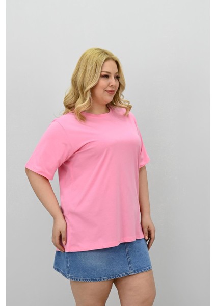 Kadın Büyük Beden Kısa Kollu Bisiklet Yaka Oversize T-Shirt 1963-25 indirimleri