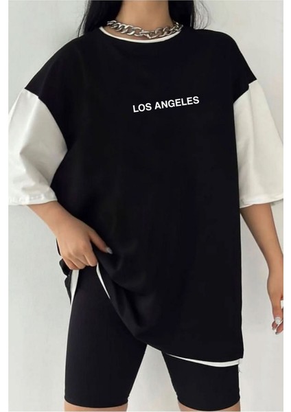 Çift Renk Minimal Los Angels Baskılı Tshirt