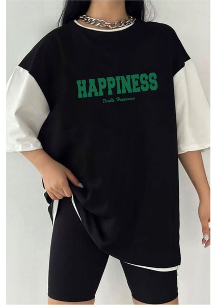 Çift Renk Happıness Baskılı Tshirt