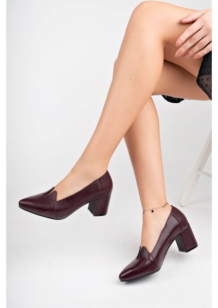 Hakiki Deri Bordo Kadın Topuklu Deri Ayakkabı Shn-0955