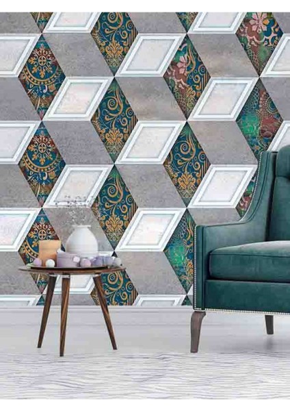 3 Boyutlu Çini Taş Küp Desenli Silinebilir Tekstil Duvar Kağıdı