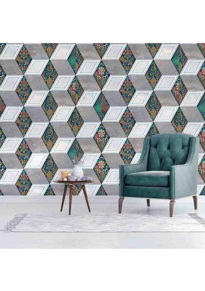 3 Boyutlu Çini Taş Küp Desenli Silinebilir Tekstil Duvar Kağıdı modelleri