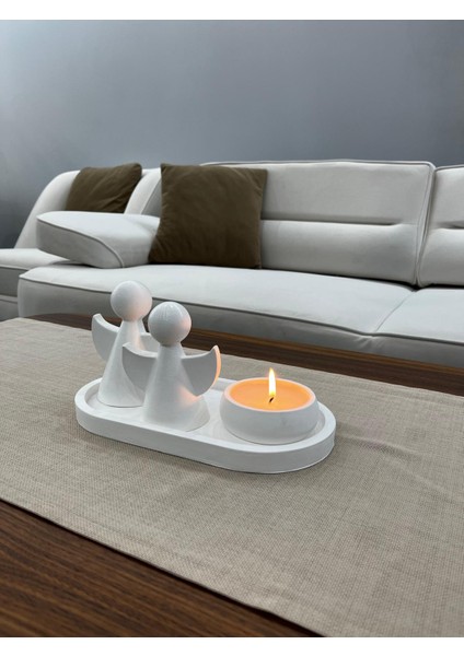 Dekoratif Melek Figürü 4'lü Mum Seti, Orta Sehpa Objeleri, Biblo, Melek Kanadı Detaylı Heykel