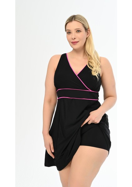 Kadın Siyah-Fuşya Büyük Beden Alesta Şortlu Elbise Mayo