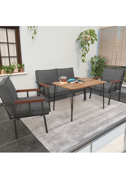 Modern Serisi Balkon, Bahçe, Cafe - Metal Kanepe Koltuk Takımı - 2+1+1 60 x 90 cm Masalı - Koyu Gri