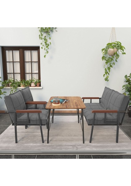 Modern Serisi Balkon, Bahçe, Cafe - Metal Kanepe Koltuk Takımı - 2+1+1 60 x 90 cm Masalı - Koyu Gri