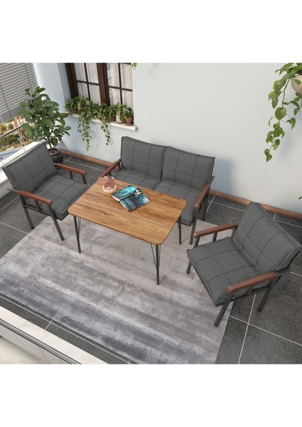 Modern Serisi Balkon, Bahçe, Cafe - Metal Kanepe Koltuk Takımı - 2+1+1 60 x 90 cm Masalı - Koyu Gri