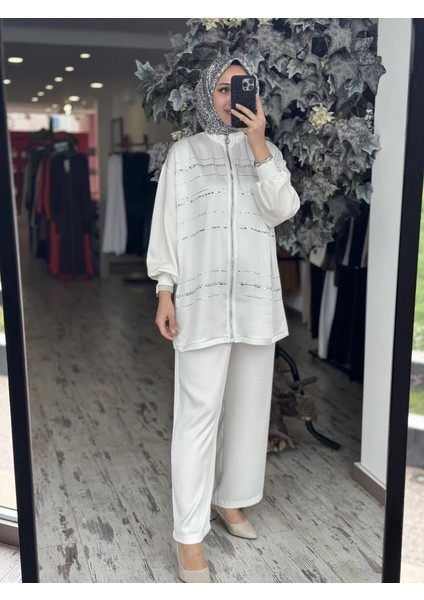 Taş Detaylı Ceket Pantolon Takım 4842 Ekru