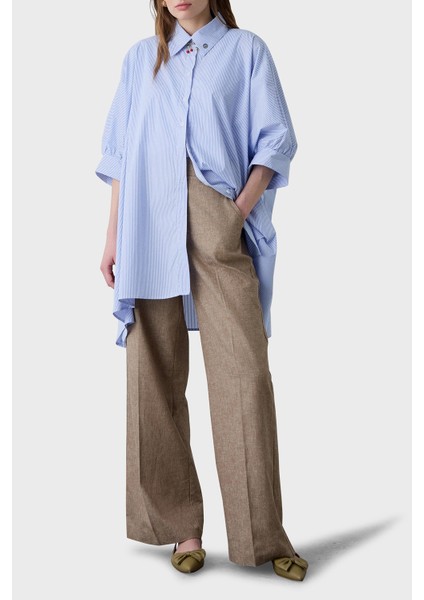 Çizgili Pamuk Karışımlı Oversize Asimetrik Gömlek Bayan Gömlek 053