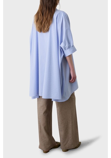 Çizgili Pamuk Karışımlı Oversize Asimetrik Gömlek Bayan Gömlek 053 fiyatları