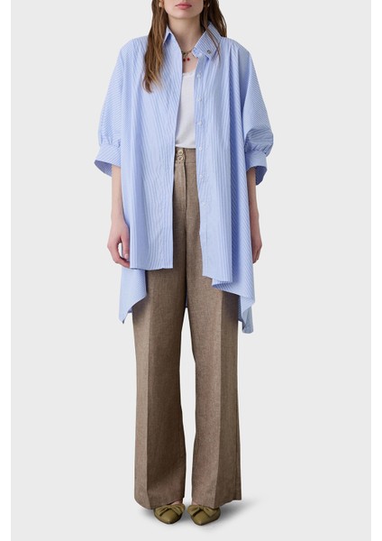 Çizgili Pamuk Karışımlı Oversize Asimetrik Gömlek Bayan Gömlek 053 modelleri