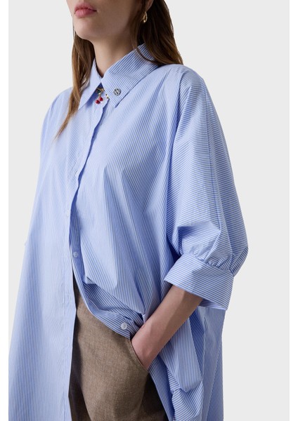 Çizgili Pamuk Karışımlı Oversize Asimetrik Gömlek Bayan Gömlek 053 fırsatları