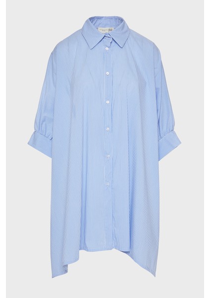 Çizgili Pamuk Karışımlı Oversize Asimetrik Gömlek Bayan Gömlek 053 indirimleri