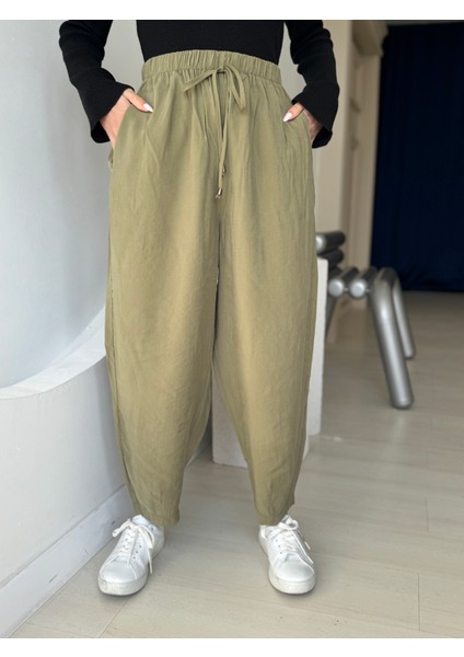 Haki Beli Lastikli Paça Detaylı Cepli Pantolon