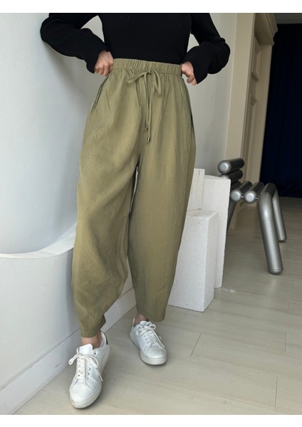 Haki Beli Lastikli Paça Detaylı Cepli Pantolon