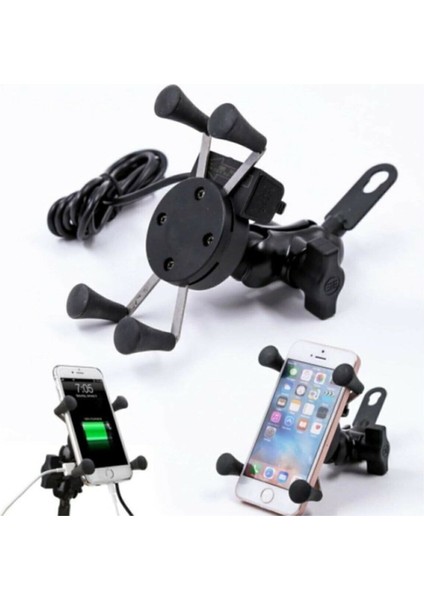 USB Şarjlı Ayna Bağlantılı Motosiklet Telefon Tutucu Motor Tutacağı Ahtapot