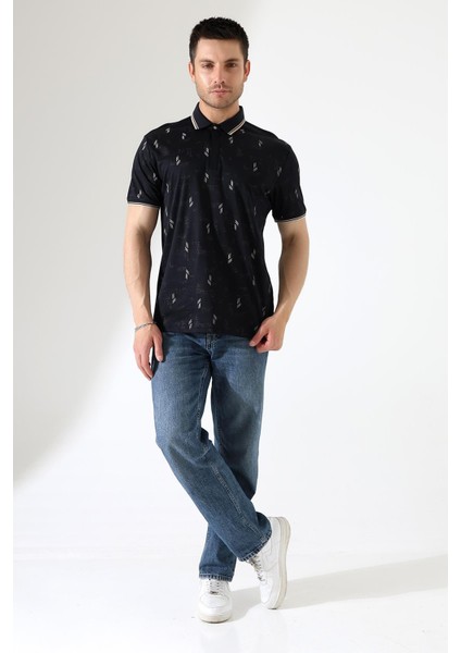 Erkek Yakası Çıt Çıt ve Fermuar Detaylı, Desenli Polo Yaka T-Shirt