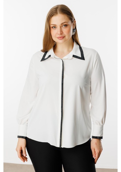 Moda Ilgi Kadın Büyük Beden Taş Detaylı Gömlek 4095 Ekru modelleri