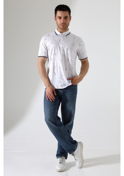 Erkek Yakası Çıt Çıt ve Fermuar Detaylı, Desenli Polo Yaka T-Shirt