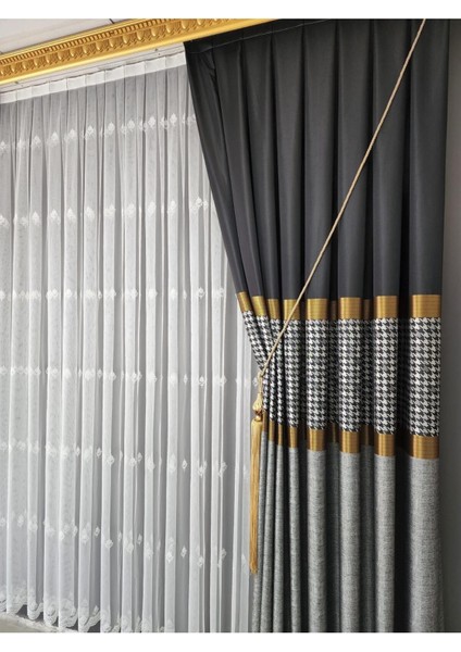 Pano Fon Perde Keten, ve Saten, Dokulu Siyah Gold Gri Kareli Çizgili Sık Pile ( Tek Kanat)