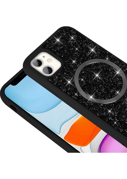 iPhone 11 Kılıf Pırlanta Tasarımlı M-Safe Şarj Özellikli Mozaik Silikon Kılıf