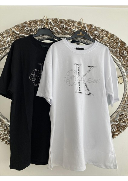Rstm Butik Taşlı Likralı Kısa Kollu Penye Tişört