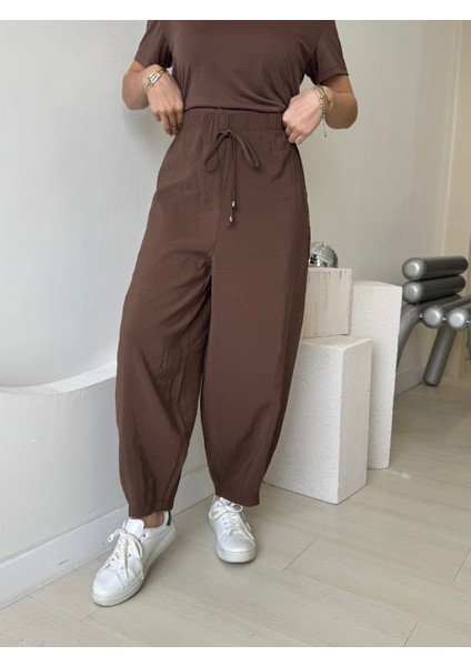 Kahverengi Beli Lastikli Paça Detaylı Cepli Pantolon