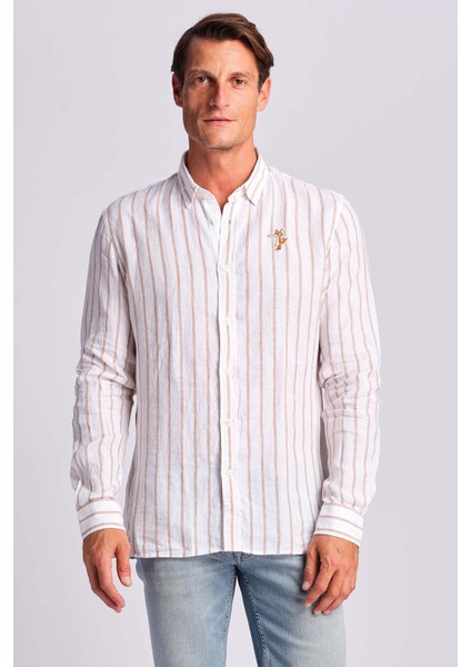 Ruck & Maul Çizgili % 100 Keten Relaxed Fit Logo Detaylı Gömlek Erkek Gömlek RMM027000018 24971