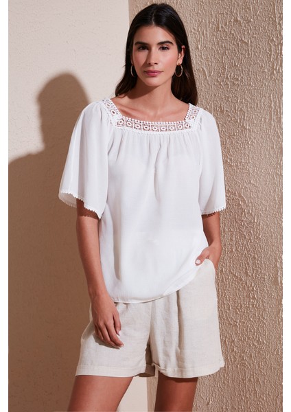 Güpürlü Regular Fit Kare Yaka Bluz Bayan Bluz 5869003