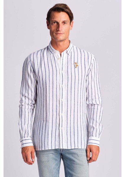 Ruck & Maul Çizgili % 100 Keten Relaxed Fit Logo Detaylı Gömlek Erkek Gömlek RMM027000018 24971