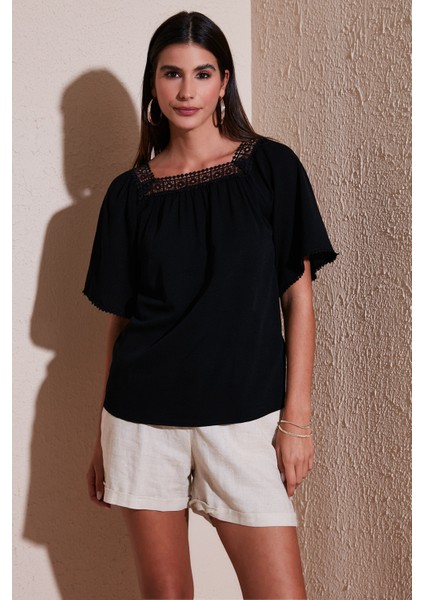 Güpürlü Regular Fit Kare Yaka Bluz Bayan Bluz 5869003