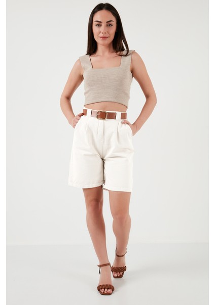 Pamuklu Relaxed Fit Yüksel Bel Kemerli Gabardin Short Bayan Şort 668YP4710