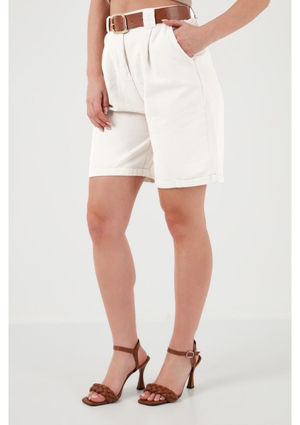 Pamuklu Relaxed Fit Yüksel Bel Kemerli Gabardin Short Bayan Şort 668YP4710