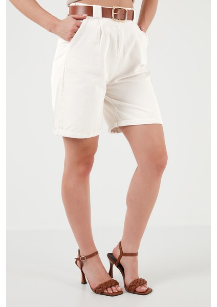 Pamuklu Relaxed Fit Yüksel Bel Kemerli Gabardin Short Bayan Şort 668YP4710