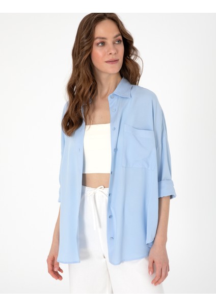 Kadın Açık Mavi Oversize Uzun Kollu Gömlek 50311567-VR003