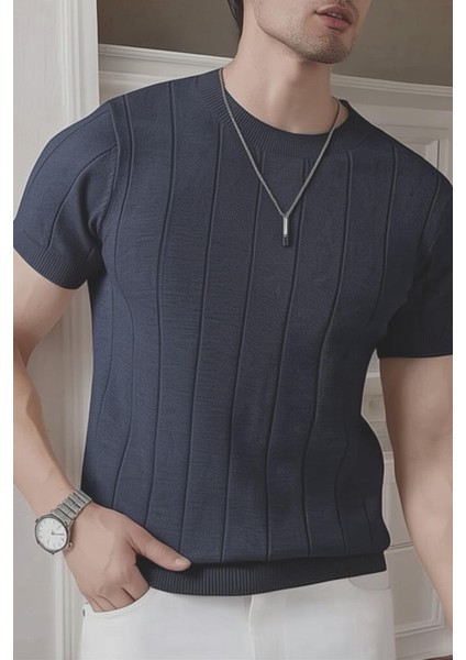 Toro Çizgili Likralı Slim Fit Bisiklet Yaka Örme Erkek Triko Tshirt