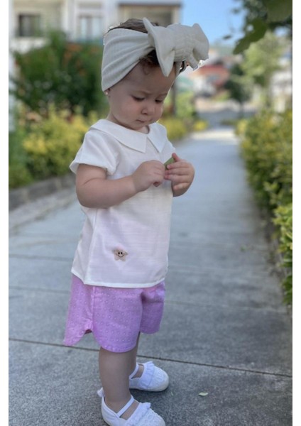 Mini Yaka Detaylı Keten Gömlek Ve Şort Takım Pembe
