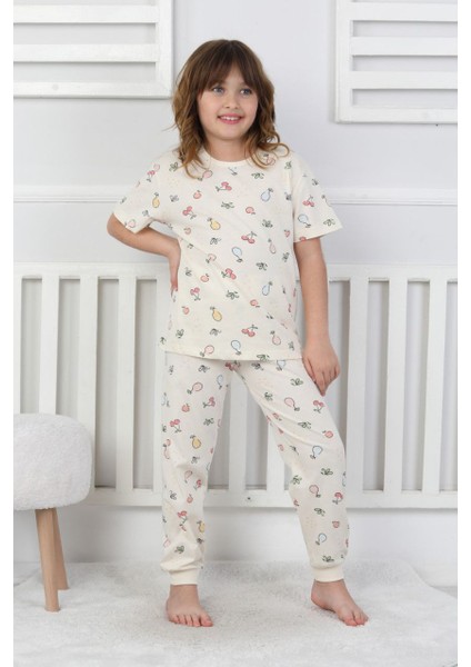 Kız Çocuk Yazlık Pijama Takımı Meyve Desenli %100 Pamuk Süprem Penye 3-13 Yaş