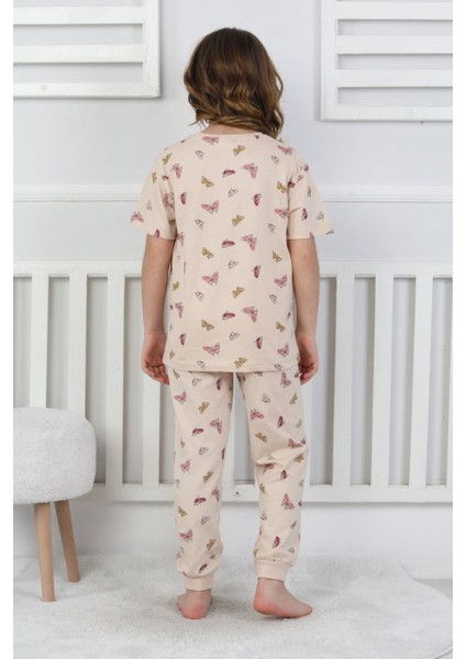 Kız Çocuk Yazlık Pijama Takımı Kelebek Desenli %100 Pamuk Süprem Penye 3-13 Yaş