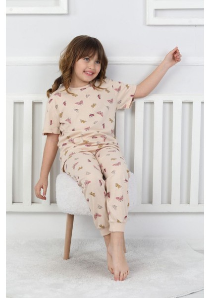 Kız Çocuk Yazlık Pijama Takımı Kelebek Desenli %100 Pamuk Süprem Penye 3-13 Yaş