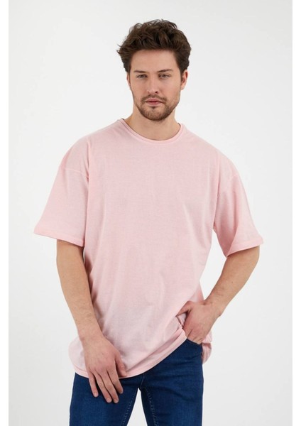 Drappe Bisiklet Yaka Basic T-Shirt - Pembe