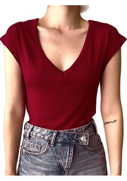 V Yaka Bel Boy T-Shirt - Bordo