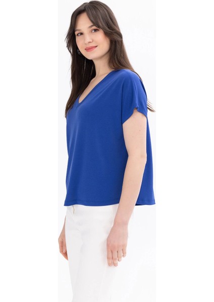 V Yaka Bel Boy T-Shirt - Mavi modelleri