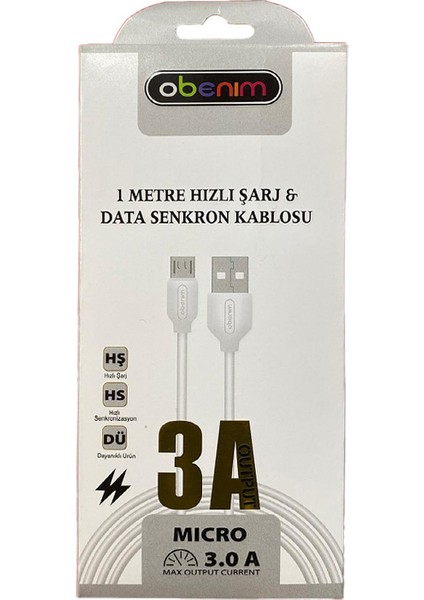 Hızlı Şarj ve Veri Transfer Kablosu Mıcro 3.0 A (1 M) Beyaz