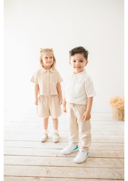 Beyaz Keten Kısa Kollu Erkek Çocuk Gömlek Beyaz