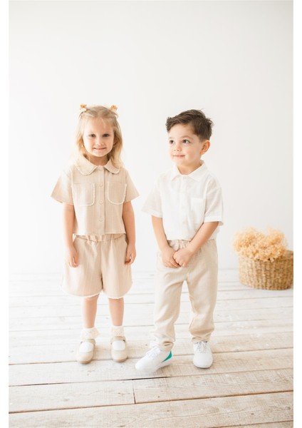 Beyaz Keten Kısa Kollu Erkek Çocuk Gömlek Beyaz fiyatları