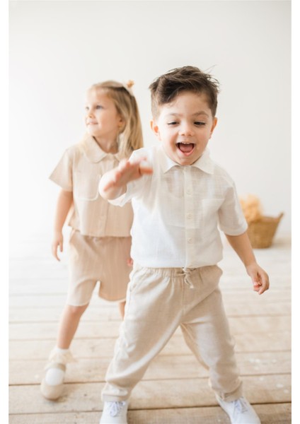 Beyaz Keten Kısa Kollu Erkek Çocuk Gömlek Beyaz modelleri