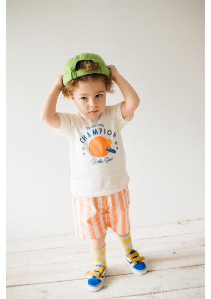 Erkek Bebek T-Shirt Çizgili Şort Takım Turuncu