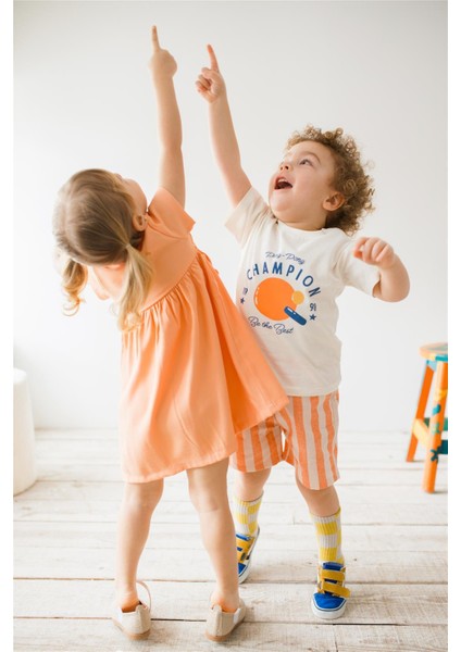 Erkek Bebek T-Shirt Çizgili Şort Takım Turuncu